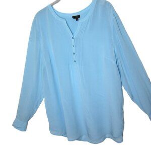 Talbots Size 20 Solid Light Blue 100% Silk Tunic Blouse Top Pintuck Henley Butto